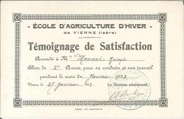 38 - Vienne - Ecole D'Agriculture D'Hiver - Témoignage De Satisfaction - 1923 - Diplômes & Bulletins Scolaires