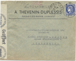 1941 - CERES TYPE 1938 / ENVELOPPE COMMERCIALE (GARAGE AUTOMOBILE) CENSUREE De BAINS LES BAINS (VOSGES) Pour STRASBOURG - Lettres & Documents