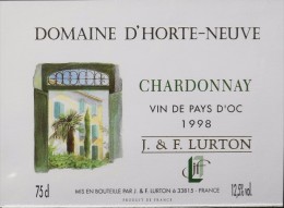 ETIQUETTE De VIN " DOMAINE D'HORTE-NEUVE 1998 " - Vin Du Pays D'Oc 12,5° - 75cl  - Parfait état  - - Vin De Pays D'Oc