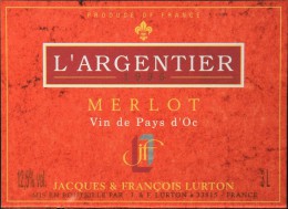 ETIQUETTE De VIN " L'ARGENTIER 1996 " - Merlot - Vin Du Pays D'Oc 12,5° - 300cl  - Parfait état  - - Vin De Pays D'Oc