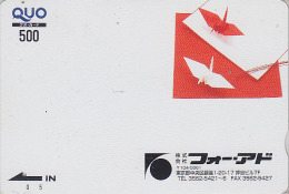 Carte Prépayée Japon - Jeu ORIGAMI - Cocotte En Papier - Paper Crane Bird Japan Prepaid Quo Card - 33 - Games