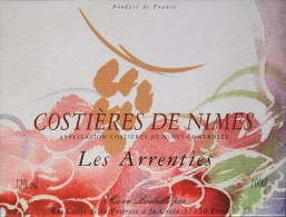 ETIQUETTE De VIN " COSTIERES De NIMES Les ARRENTIES " - 12° - 100cl  - Très Bon état  - - Vin De Pays D'Oc