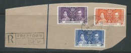 Sierra Leone 1937 Coronation Set 3 VFU On Large Piece With Handstamped Registered Marking Adjacent - Sierra Leone (...-1960)