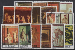G 511) Ajman 1972 16 Marken, 3 Blöcke: Pompeji, Ansichten, Gemälde, Figuren, Tempel, Instrumente ... - Prehistory