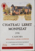 ETIQUETTE De VIN  " CHÂTEAU LERET MONTPEZAT - CAHORS 1996 " 12° - 37,5cl - En Très Bon Etat - - Cahors