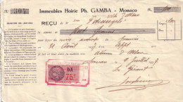 MONACO - TIMBRE FISCAL 75c - RECU DE LOYER 31-8-1937 - D´UN IMMEUBLE A MONACO. - Fiscales