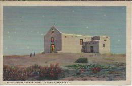 VS.- Night Scene Of The Indian Church, Pueblo Of Sandia, New Mexico. Fred Harvey Post Card.  2 Scans - Albuquerque