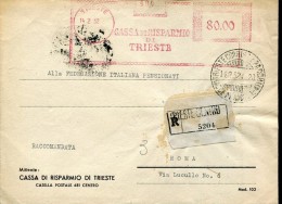 6445 Italia,  Red Meter  Freistempel,  1952 Trieste, Cassa Risparmio Di Trieste,  Circuled Registered - Poststempel - Freistempel