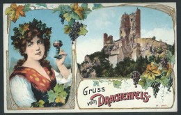 Gruss Vom Drachenfels -  Litho  Art-Nouveau.  Thème Vin, Vignes.. 2 Scans. - Drachenfels