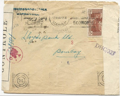 LIBAN - 1944 - ENVELOPPE De BEYROUTH Avec DOUBLE CENSURE FRANCAISE + ANGLAISE ! => BOMBAY (INDIA) - Libanon