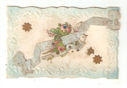 Carte Fantaisie Gaufrée Avec Ajoutis : Colombe Fleurs Rubans Paillettes - Mechanical