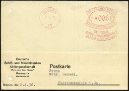 BREMEN/ 13/ DEUTSCHE/ SCHIFF=u.MASCHINENBAU/ AG 1936 (2.4.) AFS Klar Auf (gelochter) Firmen-Kt.: ..Werk: Act. Ges.... - Other & Unclassified