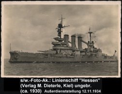 DEUTSCHES REICH 1930 (ca.) S/w.-Foto-Ak.: Linienschiff "Hessen" (2 Nadelpkte.) Ungebr. (Verlag Dieterle, Kiel) - Other & Unclassified