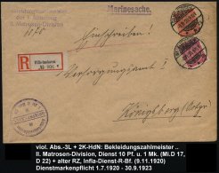 WILHELMSHAVEN/ **m 1920 (9.11.) 1K-Gitter A. Dienst 10 Pf. U. 1 Mk. + Viol. 3L: Bekleidungszahlmeister/der 1.... - Other & Unclassified