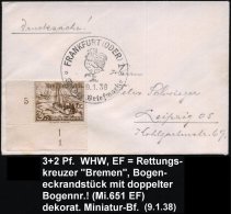 DEUTSCHES REICH 1938 (9.1.) 3 + 2 Pf. WHW, EF = "Rettungs-Kreuzer", Bogen-Eckrandstück Mit Form- Und... - Other & Unclassified