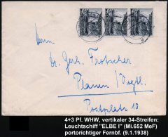 DEUTSCHES REICH 1938 (9.1.) 4 + 3 Pf. WHW, Reine MeF: Vertikaler 3er-Streifen = Leuchtfeuer-Schiff "Elbe I" ,... - Other & Unclassified