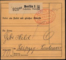 BERLIN C1/ *Gebühr Bezahlt* 1923 (19.9.) Oval-PFS + Selbstbucher-Paketzettel: Berlin 1/Gebrüder  T I E T... - Other & Unclassified