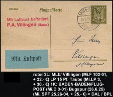 Villingen 1925 (26.6.) Roter 2L: MLb/P.A. Villingen (Baden) (Mi.F 103-01, + 22.-EUR) A. Flp.-P 15 Pf. Holztaube... - Other & Unclassified