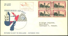 NEUSEELAND 1953 (12.10.) Erstflug (KLM): Christchurch - Amsterdam (AS) 4er-Bl. 6 P.... - Other & Unclassified