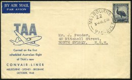 AUSTRALIEN 1948 (18.10.) Erstflug (TAA): Melbourne - Sidney - Brisbane , EF 5 1/2 P. Emu (Mi.168) 1K: MELBOURNE... - Other & Unclassified