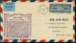 U.S.A. 1938 (16.3.) Erstflug (FAM 17): Baltimore - Bermuda , Viol. Flp.-HdN. (Land- U. Seekarte) Rs. AS: HAMILTON - Other & Unclassified