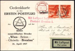 ÖSTERREICH 1927 (21.4.) Erstflug-Sonder-Kt.: ERSTER POSTFLUG Wien - Brünn - Gleiwitz - Breslau , Paar 10... - Other & Unclassified