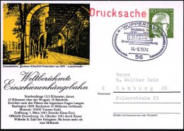 56 WUPPERTAL 1/ WUBRIA 74/ Briefmarkenausstellung 1974 (14.9.) SSt = Schwebebahn Auf Motivgl. PP 30 Pf. Heinemann,... - Other & Unclassified