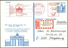 BERLIN 1991 (15.7.) Amtl. P 70 Pf. Burgen, Blau + Zudruck: 200 Jahre Brandenburger Tor + Motivgl. AFS 240 Pf.... - Other & Unclassified