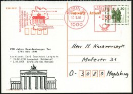 D.D.R. /  VGO 1991 (10.8.) Amtl. P 30 Pf. VGO Goethe-Schiller "Antwort" + Zudruck: 200 Jahre Brandenburger Tor... - Other & Unclassified