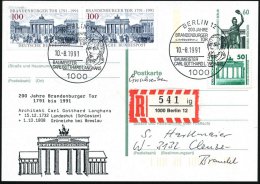 1000 BERLIN12/ 200 JAHRE/ BRANDENBG.TOR/ ..C.G.LANGHANS 1991 (10.8.) SSt = Kopfbild Langhans Auf Amtl. P 60 Pf.... - Other & Unclassified