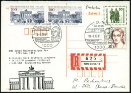 1000 BERLIN 12/ 200 JAHRE/ BRANDENBURGER TOR/ ..C.G.LANGHANS 1991 (10.8.) SSt Auf Antwort-P 30 Pf. VGO... - Other & Unclassified