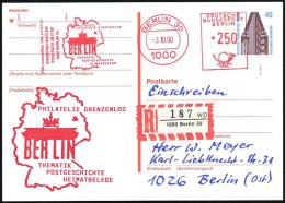 1000 BERLIN 30/ PHILATELIE/ GRENZENLOS.. 1990 (3.10.) AFS 250 Pf. Brandenbg.Tor Auf Amtl. P 40 Pf. Chilehaus (= VE)... - Other & Unclassified