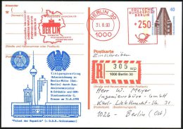 BERLIN 1990 (31.8.) Amtl. P 40 Pf. Chilehaus + Zudruck: Einigungsvertrag 31.8.1990 (DDR-, BRD-Wappen, Palast Der... - Other & Unclassified