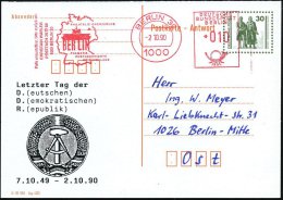 D.D.R. /  VGO 1990 (2.10.) Amtl. Antwort-P 30 Pf. VGO Goethe/Schiller + Zudruck: Letzter Tag Der DDR / 7.10.49 -... - Other & Unclassified