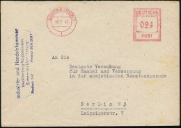 SCHWERIN (MECKL)/ 1 1947 (10.7.) Seltener AFS-Typ "Hochrechteck" , Werbeklischee Entfernt (aptiert) + Viol. Abs-4L:... - Other & Unclassified