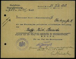 Berlin C. 2 1919 (28.7.) Orig. Dokument: Gardekoprs Generalkommando + Viol. 1K-HdN: Generalkommando/des Gardekorps... - Other & Unclassified