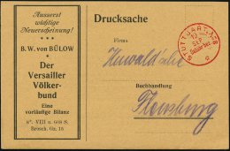 STUTTGART No.8/ Gebühr Bez./ * 1920 (19.9.) 1K-PFS Auf Reklame-Kt.: "Der Versailler Völkerbund" Eine... - Other & Unclassified