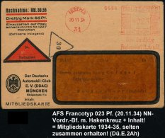 MÜNCHEN/ 34/ Der Deutsche/ Automobil-Club EV. 1934 (20.11.) AFS 023 Pf. Auf NN-Vordr-Bf: DDAC (mit Hakenkreuz)... - Other & Unclassified