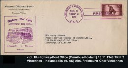 U.S.A. 1948 (16.11.) Viol. FaWSt: INDIANAPOLIS & VINCENNES, IND./TRIP 2/H.P.O. + Viol. HdN: Highway Post... - Other & Unclassified