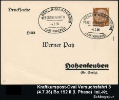 BERLIN-MAGDEBURG/ VERSUCHSFAHRT 8/ KRAFTKURSPOST 1936 (4.7.) Oval-St Klar Auf Inl.Kt. (Bugspur) + Kopie Mercedes... - Other & Unclassified