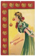 Halloween Greetings, Girl Bobs For Apple On String, Pumpkins Jack-'o'-Lanterns, C1910s Vintage Embossed Postcard - Halloween