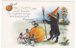 Halloween Greetings, Black Cat With Mice And Pumpkin, C1910s Vintage Embossed Postcard - Halloween