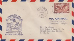 CANADA :1936: Travelled First Official Flight From MACHIN To KENORA :  DEER,REINDEER,ROE DEER,ANTLER CARRIER, - Eerste Vluchten