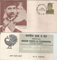 India 1980 Mukhtar Ahmed Ansari, Founders Of The Jamia Millia Islamia University+ Information Sheet - Islam