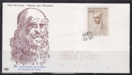 = Monaco Etude Pour Tête De Femme Anniversaire Mort Léonard De Vinci N°799 Oblitération à L'arrivée Arès 33-011 (Gironde - Storia Postale