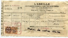 - Quittance Assurances L'Abeille, Agence D'Arles, 1928, Timbre Fiscal De 25c, Pierre Pagés, TBE, Scans. - Banco & Caja De Ahorros