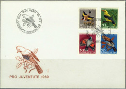 BIRDS-PRO JUVENTUTE-SWITZERLAND-SET OF 4 ON FDC-1969-SURCHARGED-SCARCE-BX1-93 - Climbing Birds