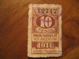 1911 SANTA FE 10 Pesos Control Impuestos Revenue Fiscal Tax Postage Due Official Argentina - Officials