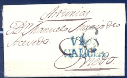 1819 , PONTEVEDRA , D.P. 16 , CARTA CIRCULADA ENTRE VIGO Y OVIEDO ,  RARA MARCA TIZÓN Nº 7 VERDE , PORTEO - ...-1850 Prephilately