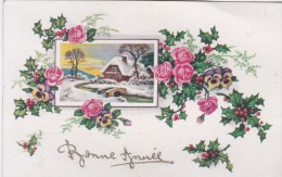 Carte Bonne Année . Fleurs . Paysage . Houx - Nieuwjaar